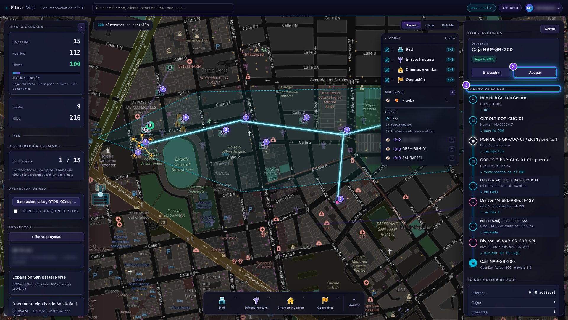 Camino de la luz desde el hub hasta una caja, iluminado en el mapa